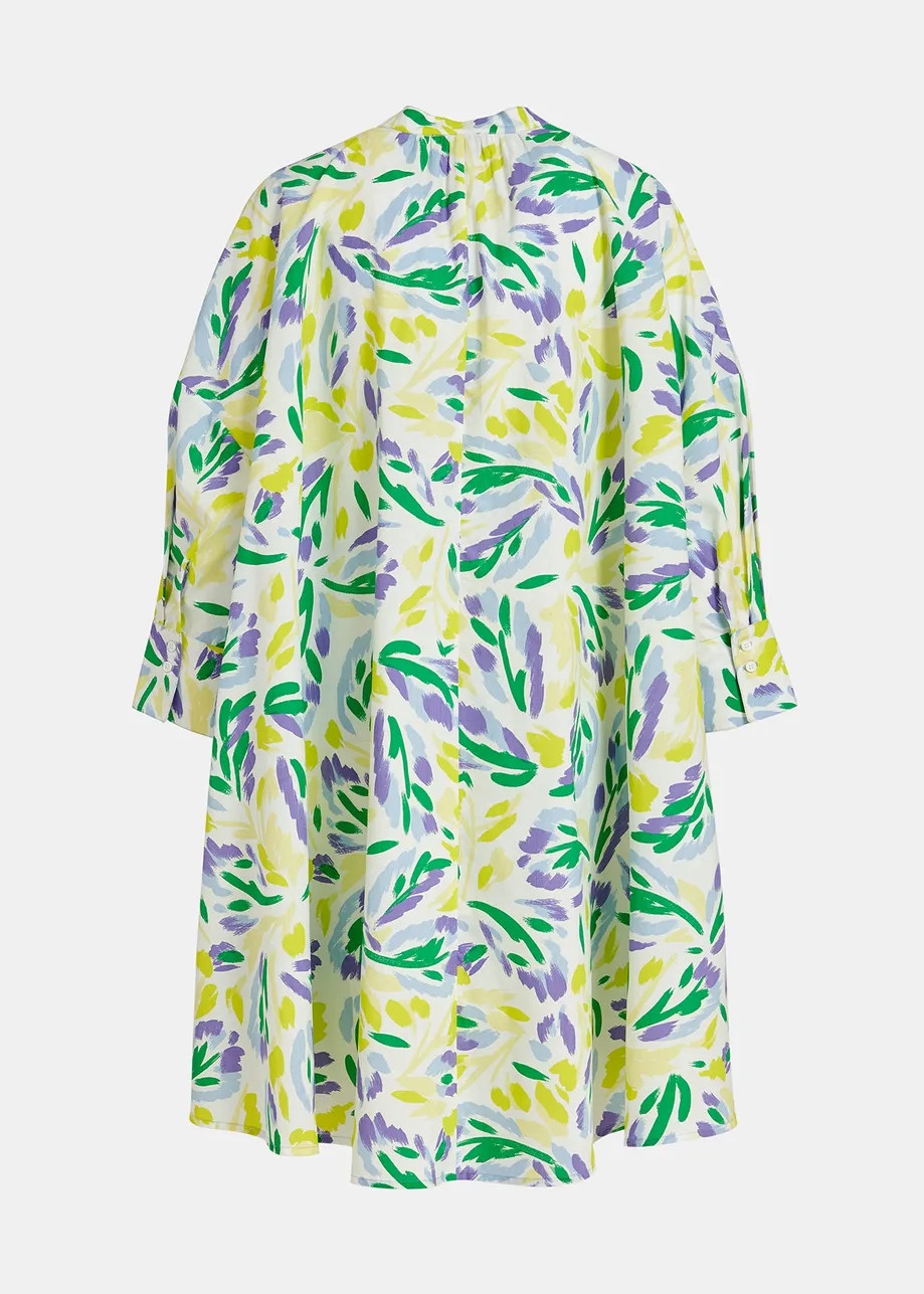 White, yellow and purple oversized shirt dress with floral print