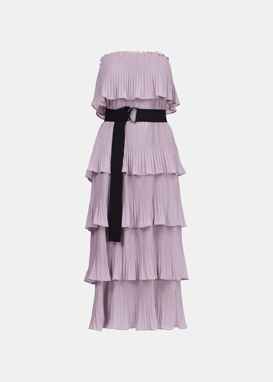 Robe lilas à volants avec ceinture en toile noire
