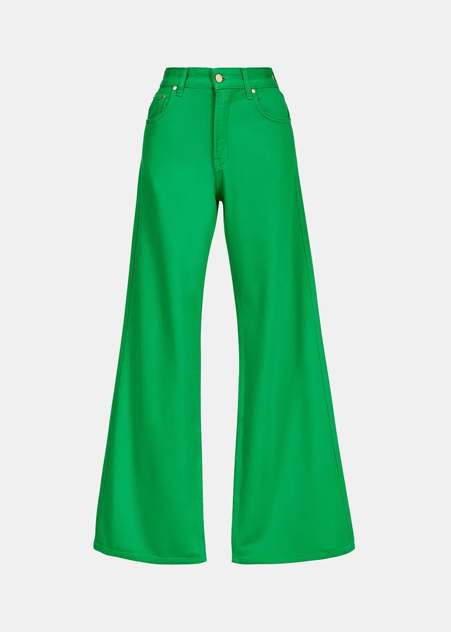 Green denim straight-leg jeans