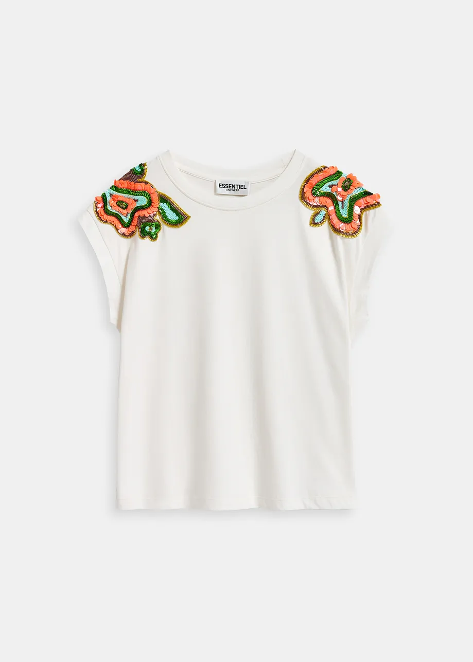 White T-shirt with embellished cap sleeves