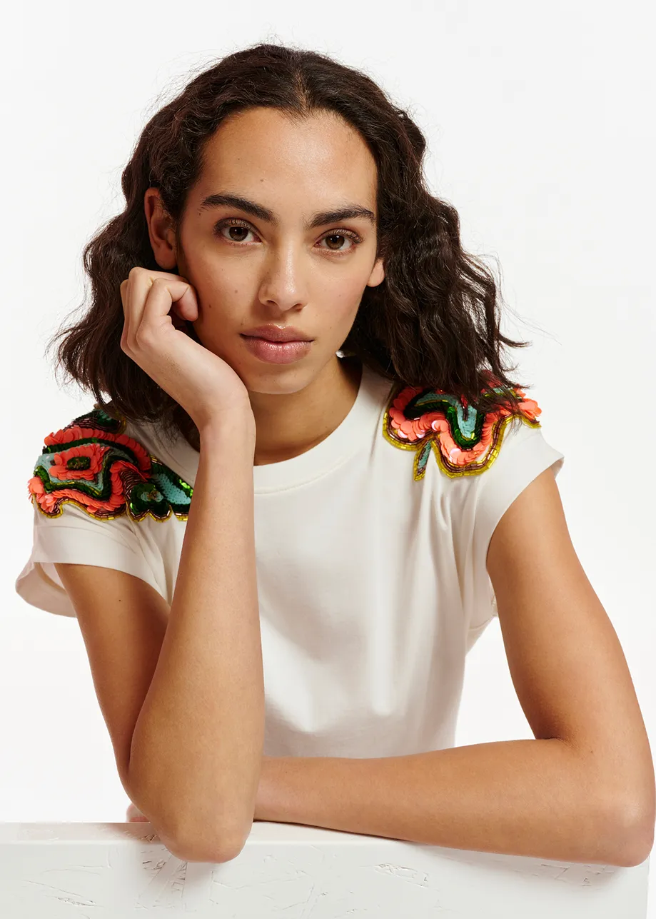 White T-shirt with embellished cap sleeves