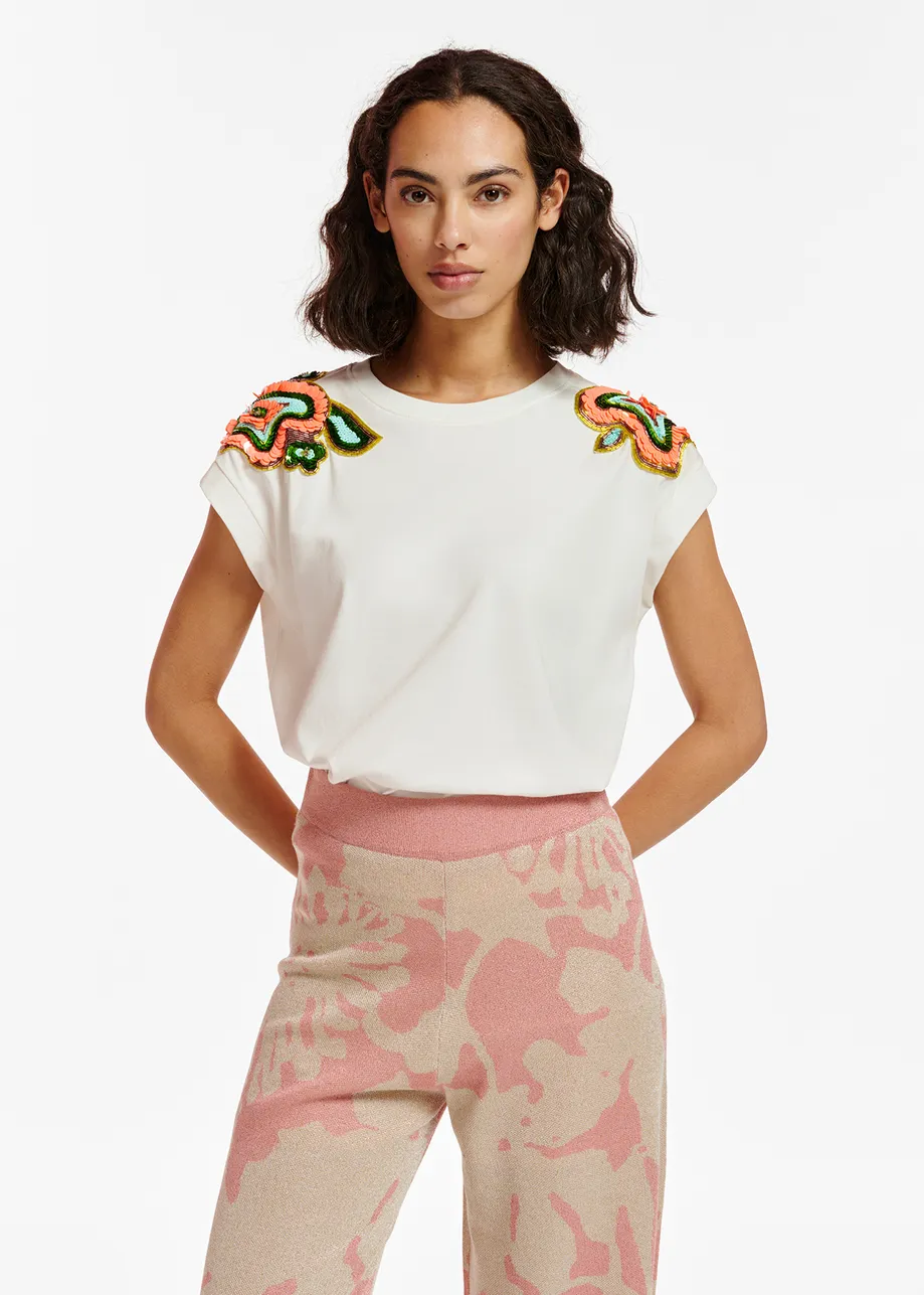 White T-shirt with embellished cap sleeves