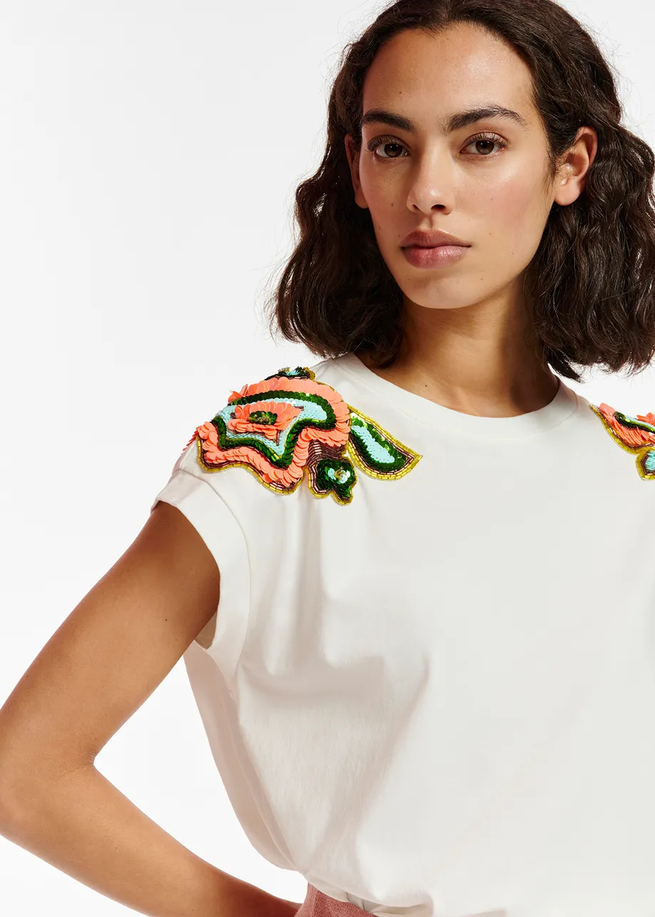 White T-shirt with embellished cap sleeves