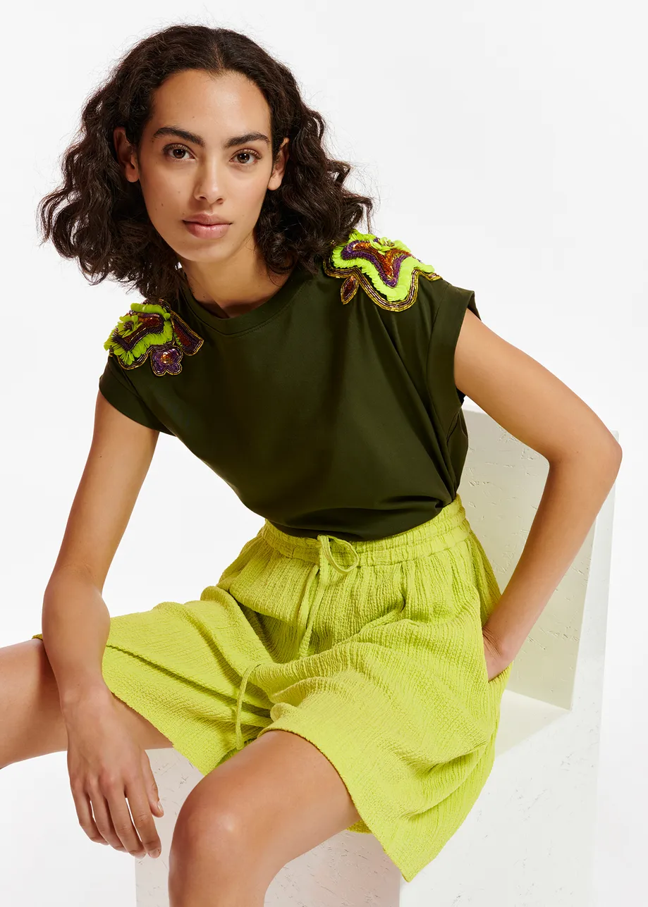 Khaki T-shirt with embellished cap sleeves
