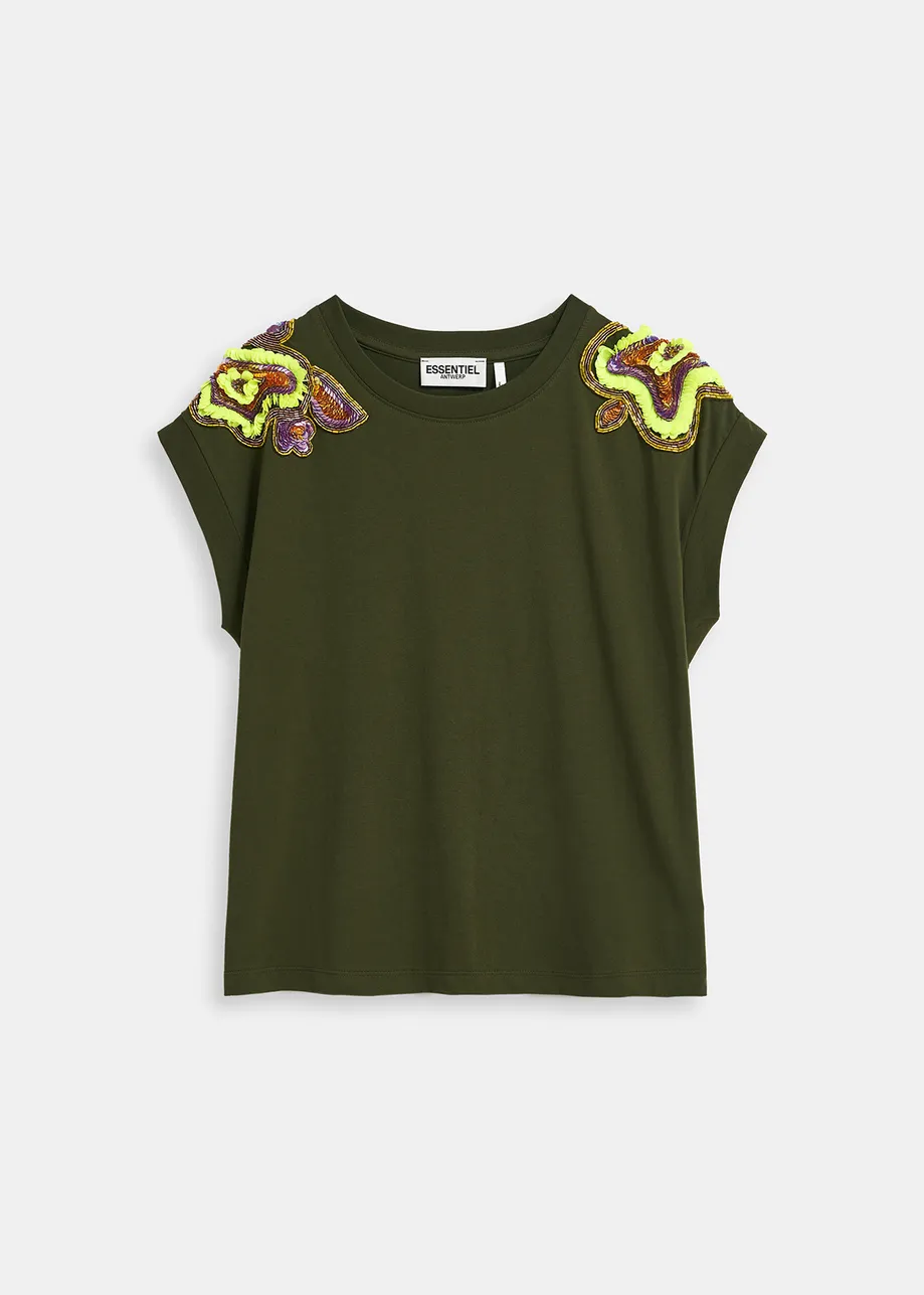Khaki T-shirt with embellished cap sleeves