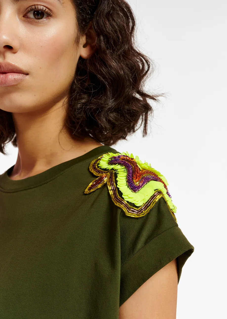 Khaki T-shirt with embellished cap sleeves