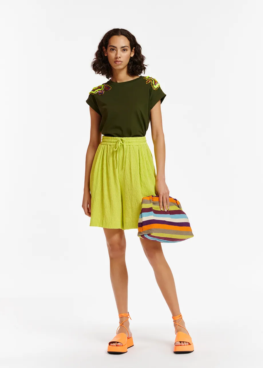 Khaki T-shirt with embellished cap sleeves