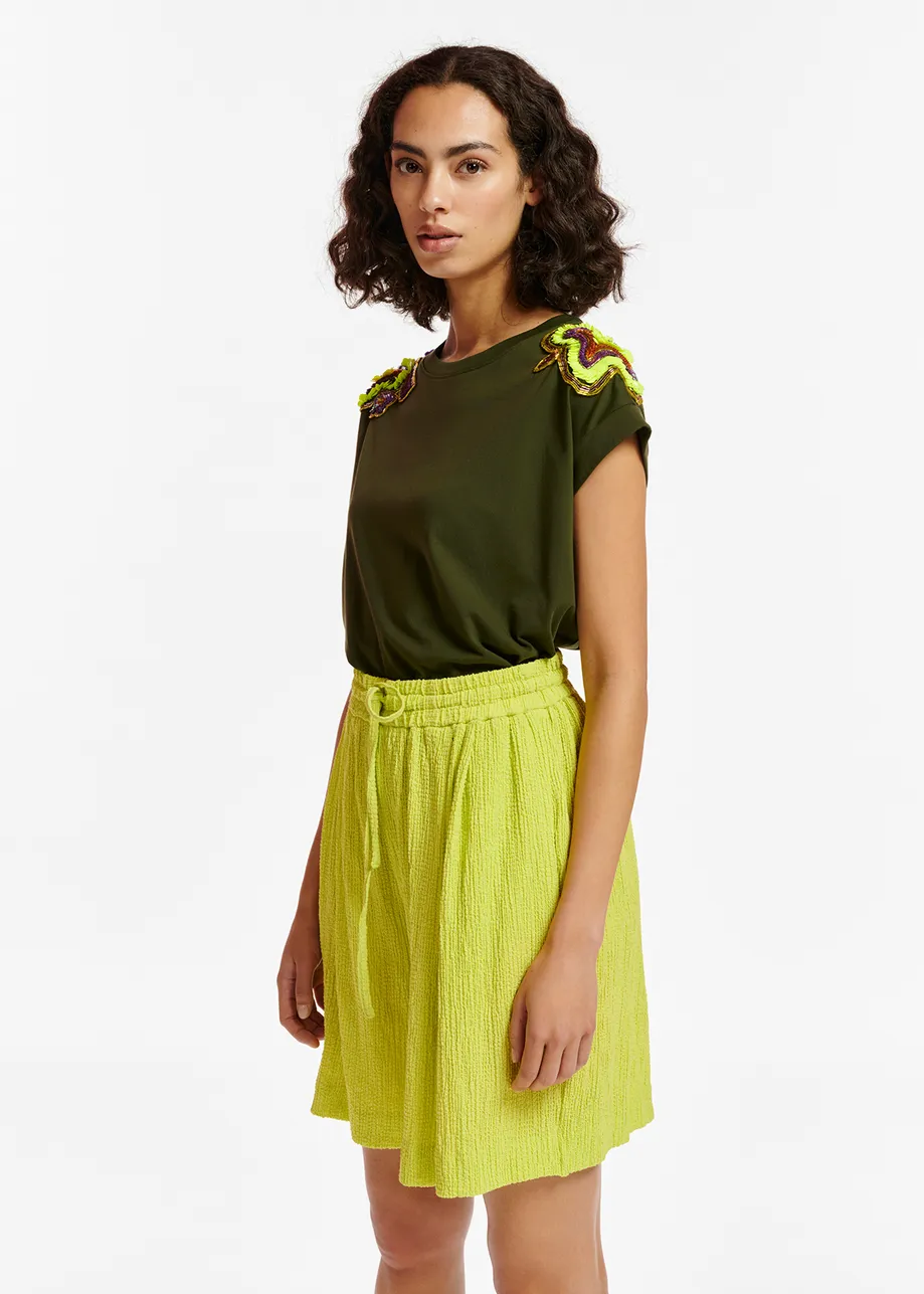Khaki T-shirt with embellished cap sleeves