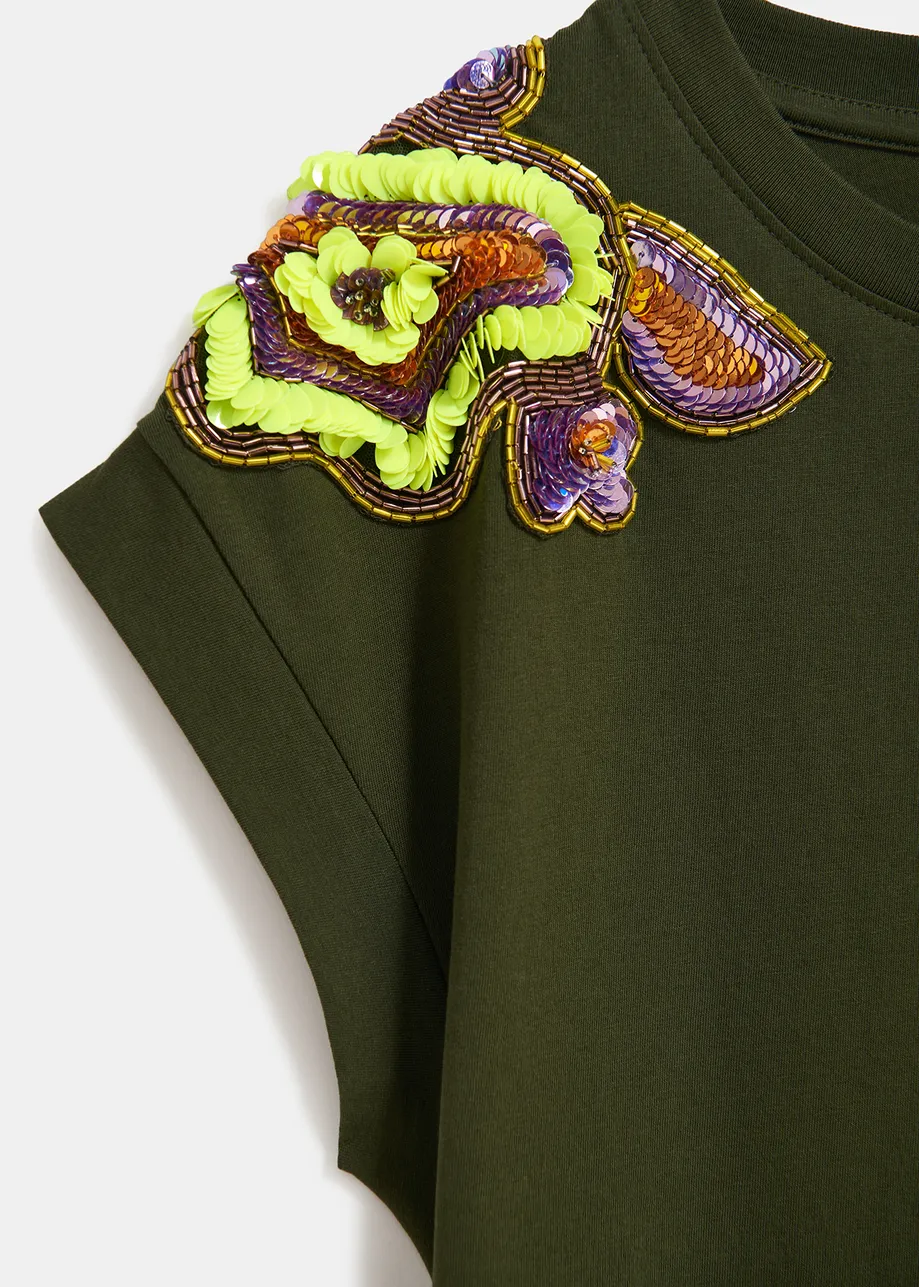 Khaki T-shirt with embellished cap sleeves