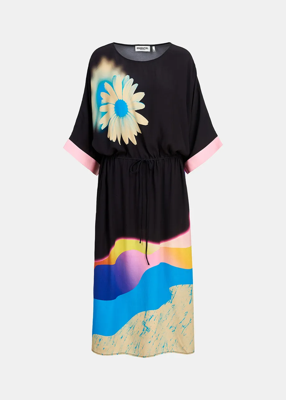 Black midi-length dress with multicolor print