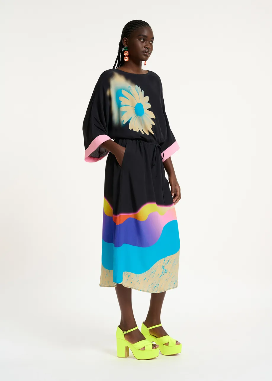 Black midi-length dress with multicolor print