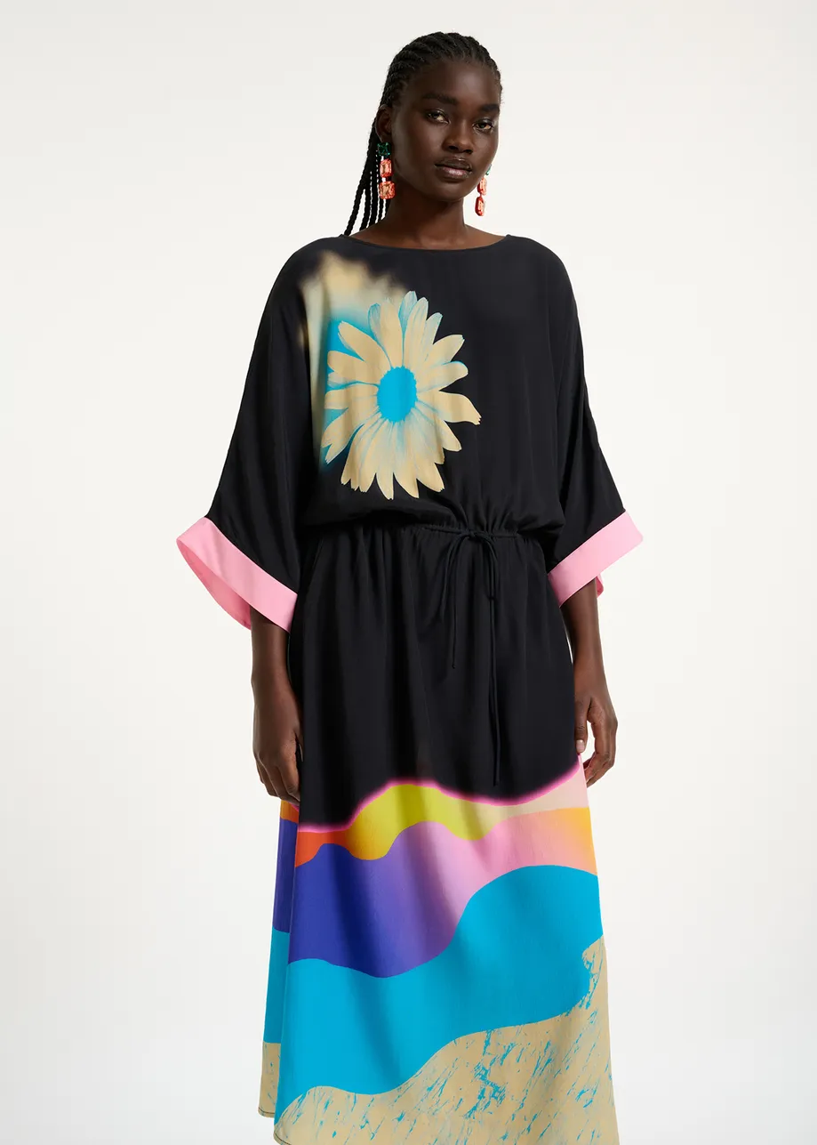 Black midi-length dress with multicolor print