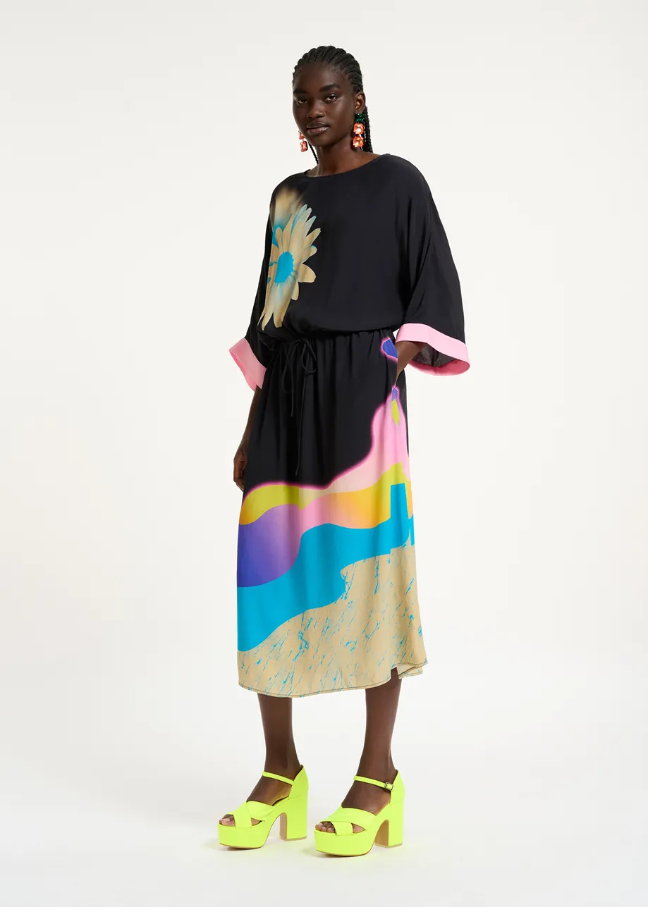 Black midi-length dress with multicolor print