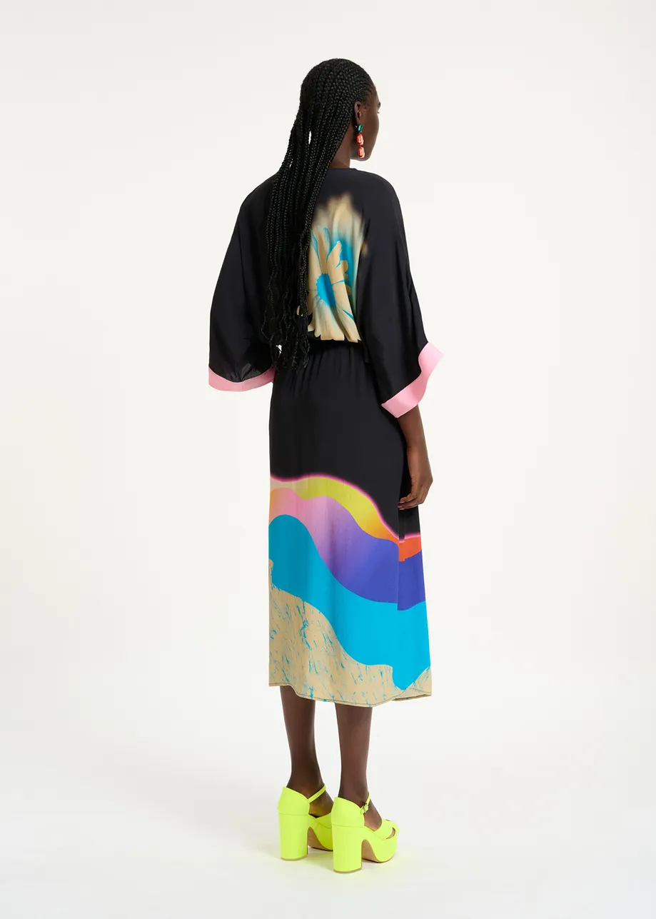 Black midi-length dress with multicolor print