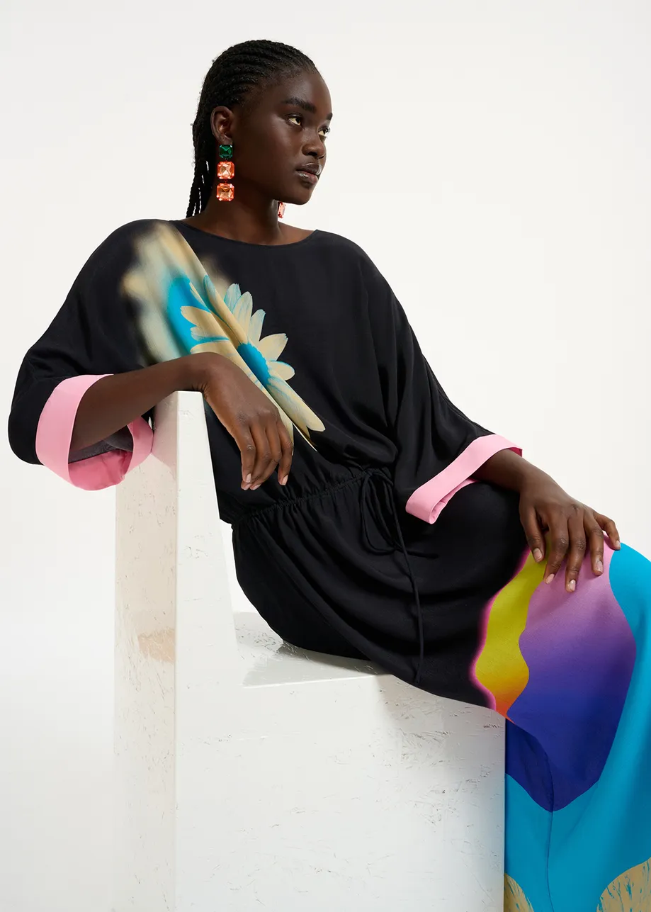 Black midi-length dress with multicolor print