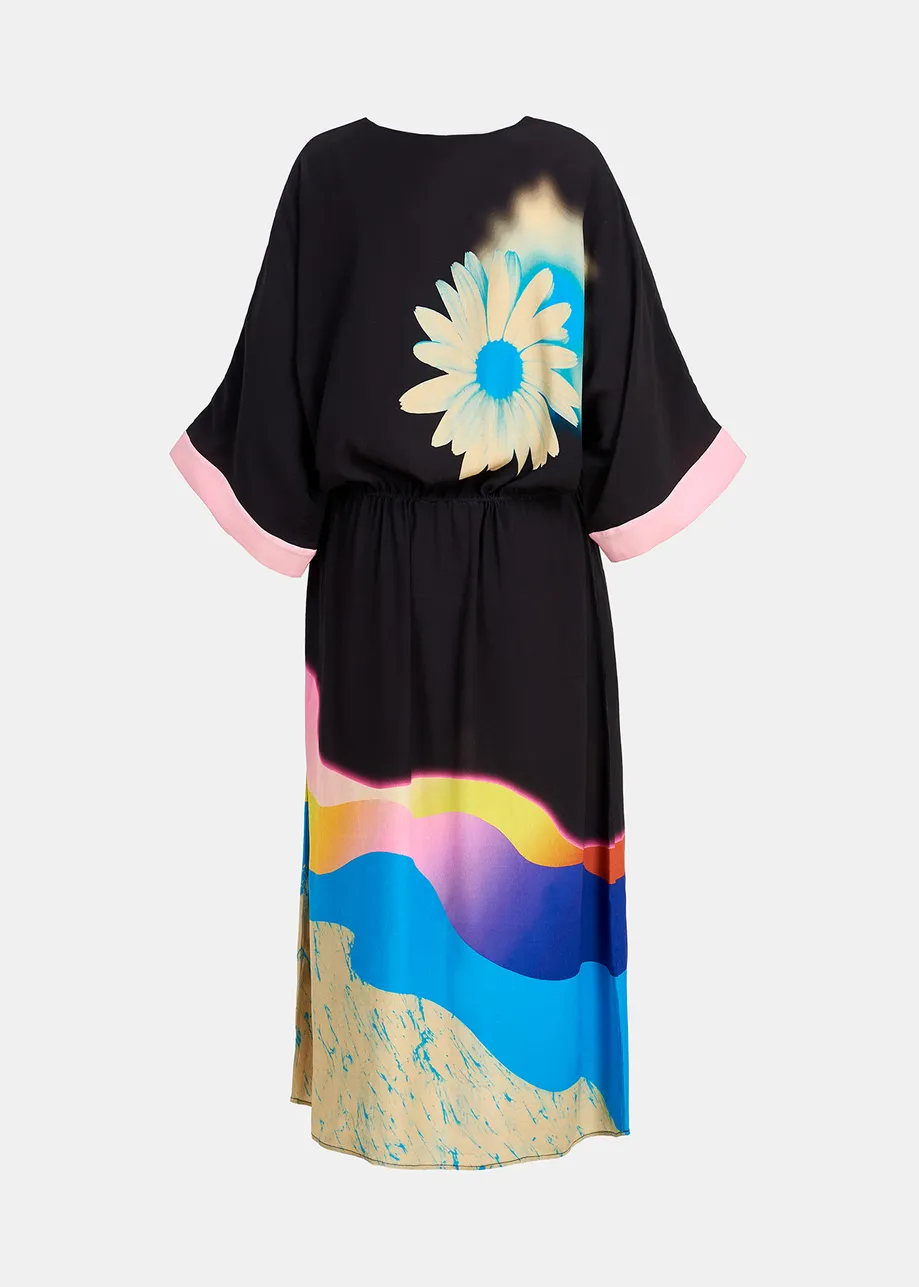 Black midi-length dress with multicolor print
