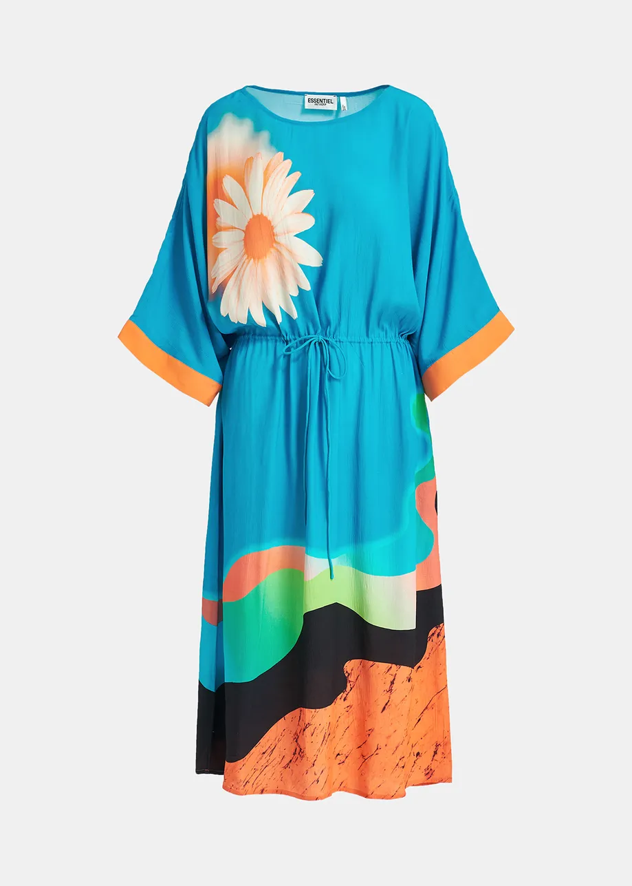 Blauwe midi-jurk met kleurrijke print