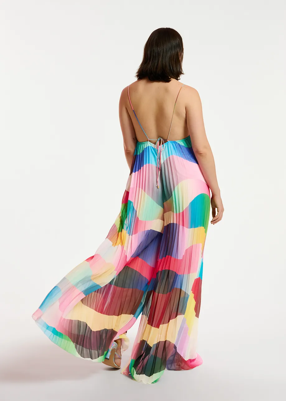 Multicolor plissé jumpsuit with graphic print