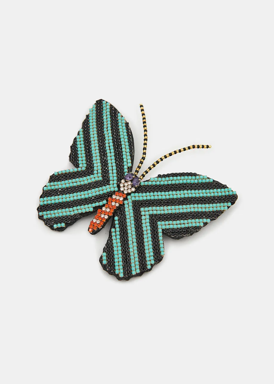 Turquoise, dark green and red rhinestone butterfly brooch