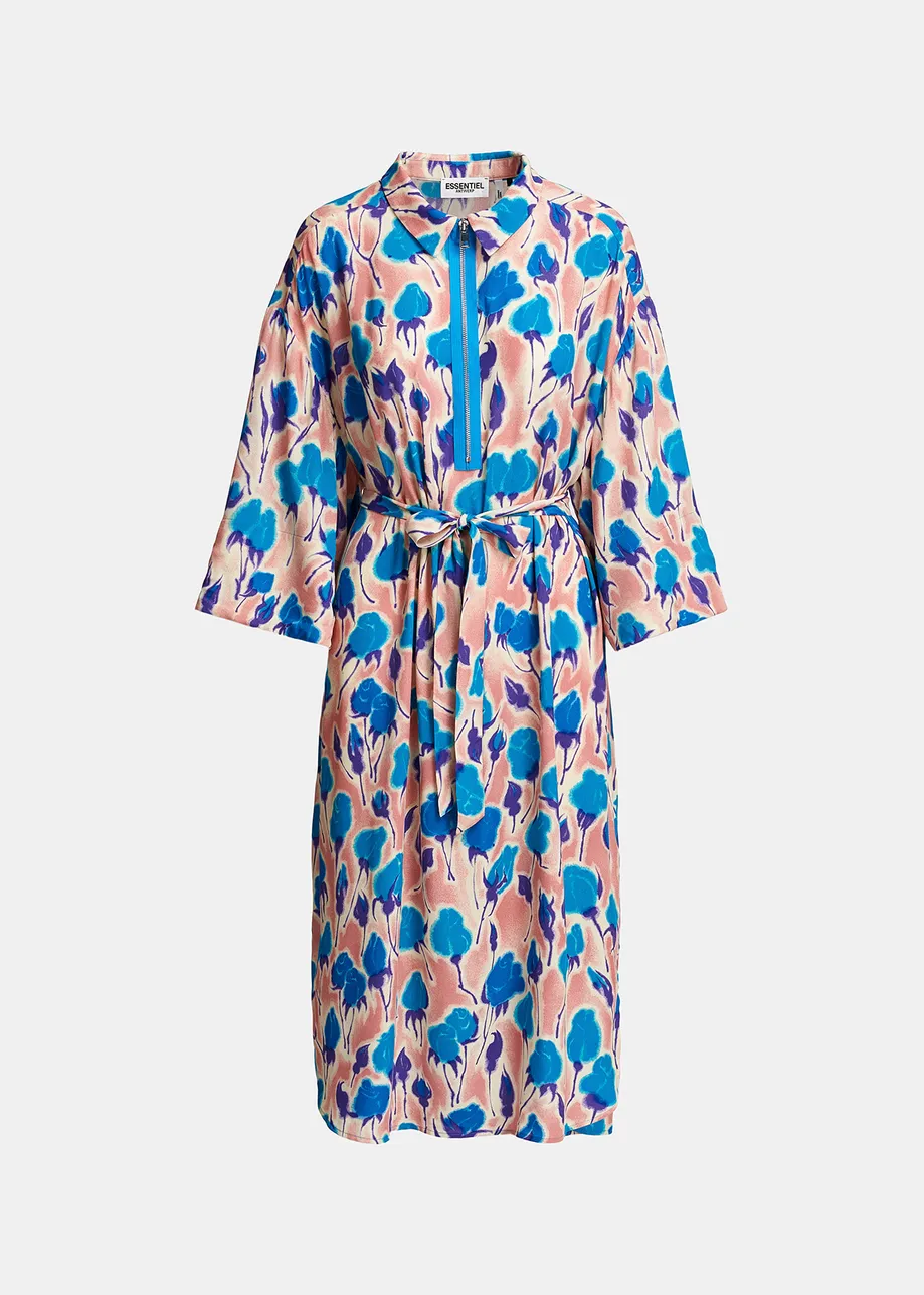 Midi-jurk met lichtroze, blauwe en paarse bloemenprint