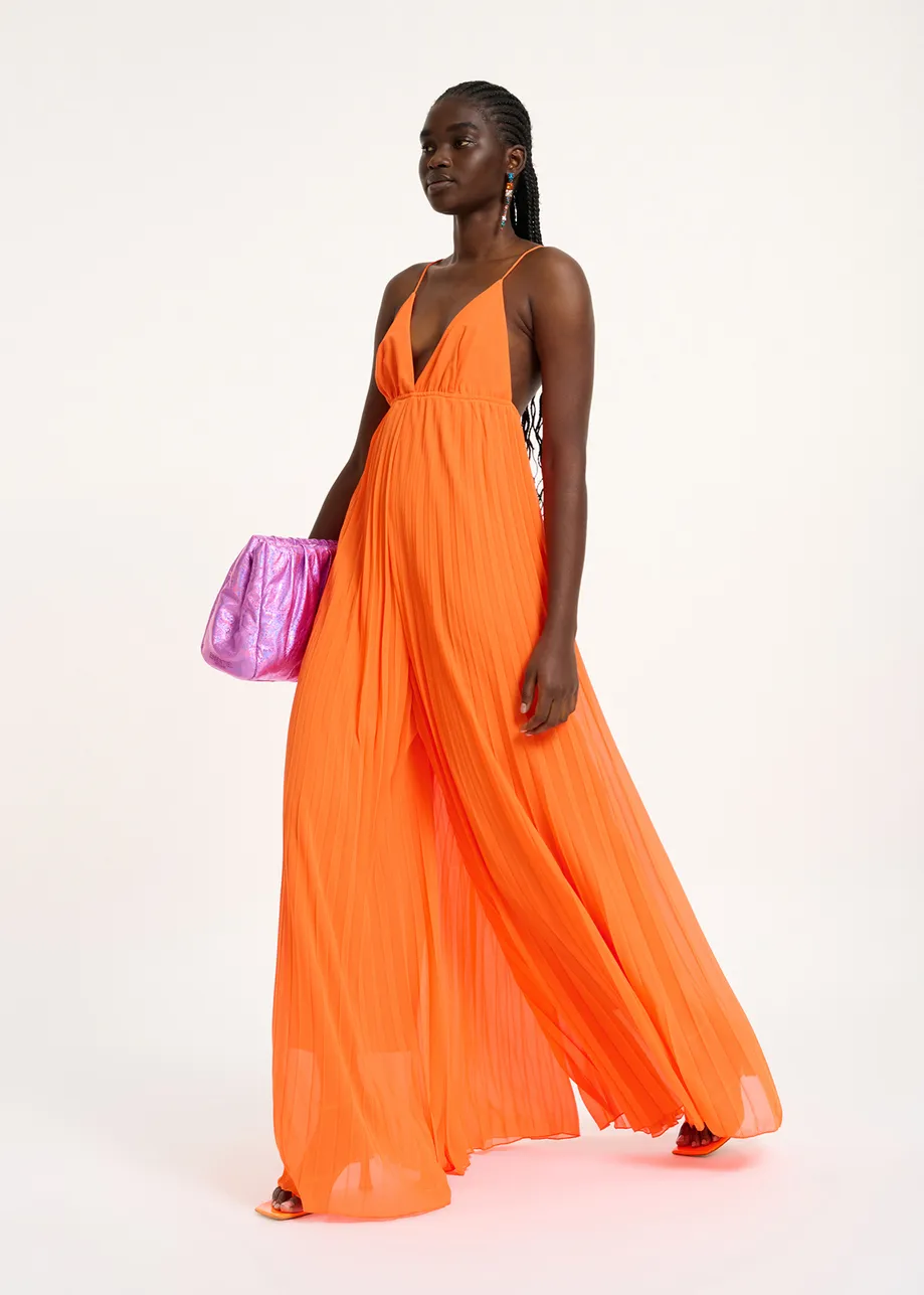 Oranje geplisseerde jumpsuit met grafische print