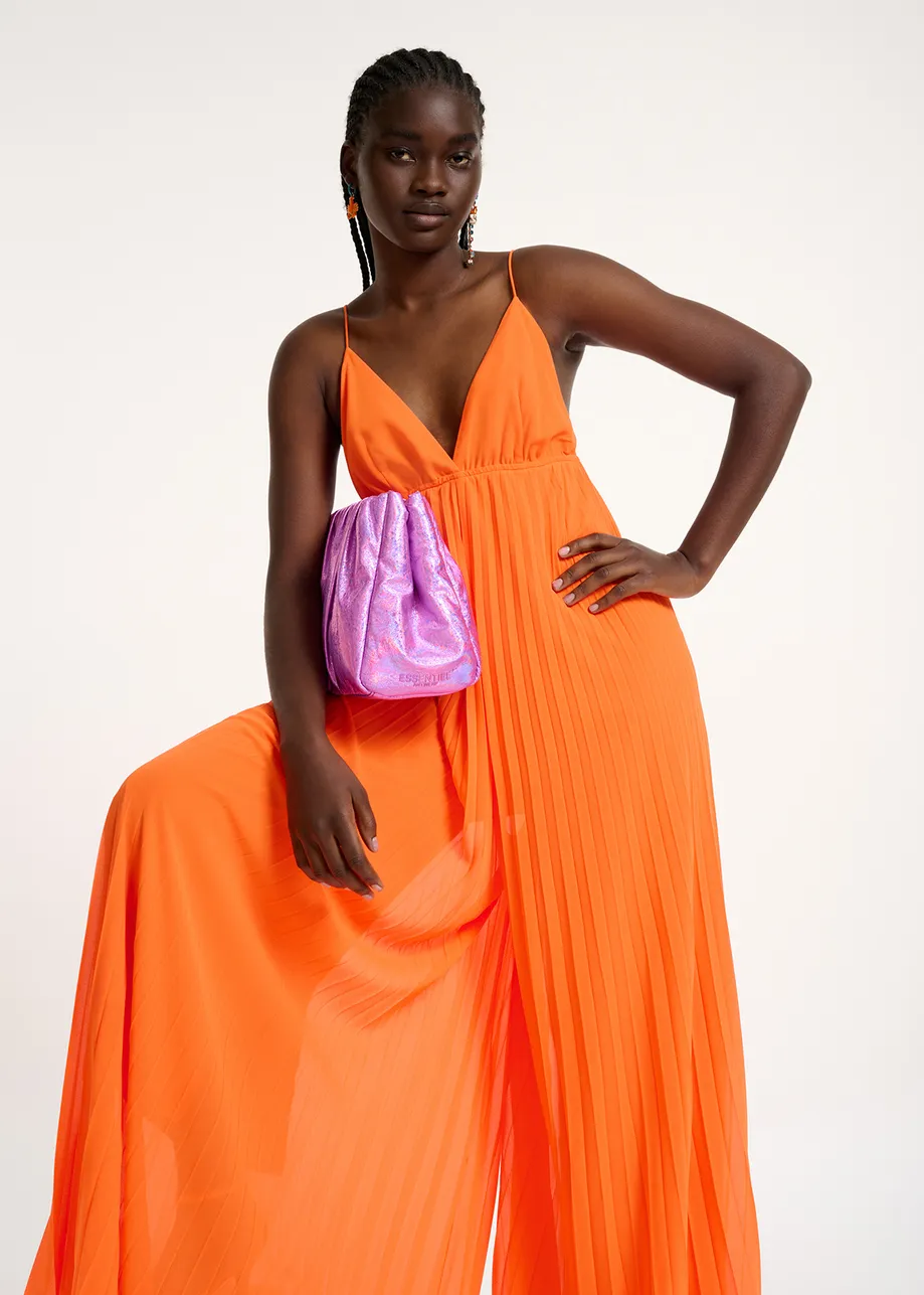 Oranje geplisseerde jumpsuit met grafische print