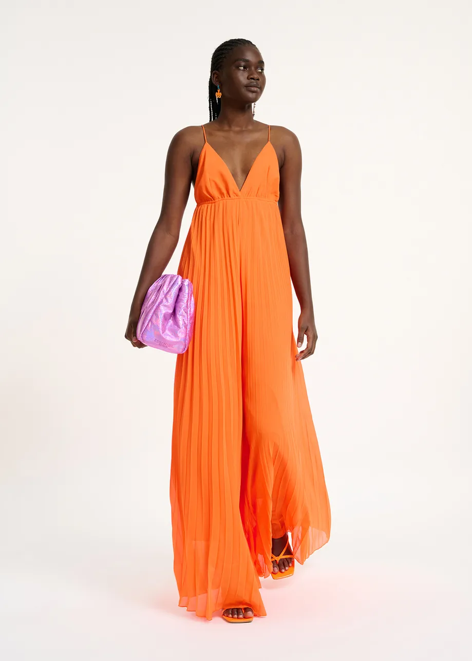 Oranje geplisseerde jumpsuit met grafische print