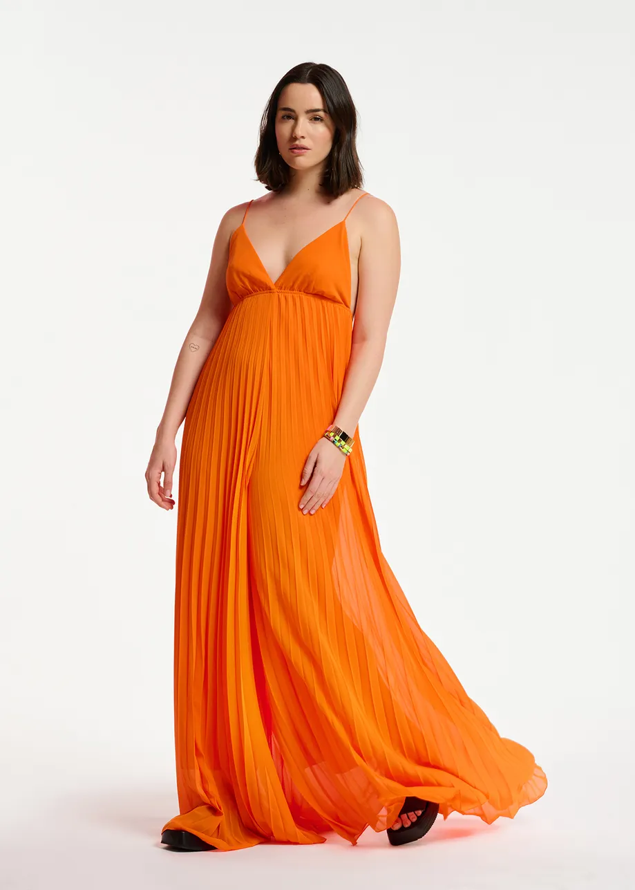Oranje geplisseerde jumpsuit met grafische print