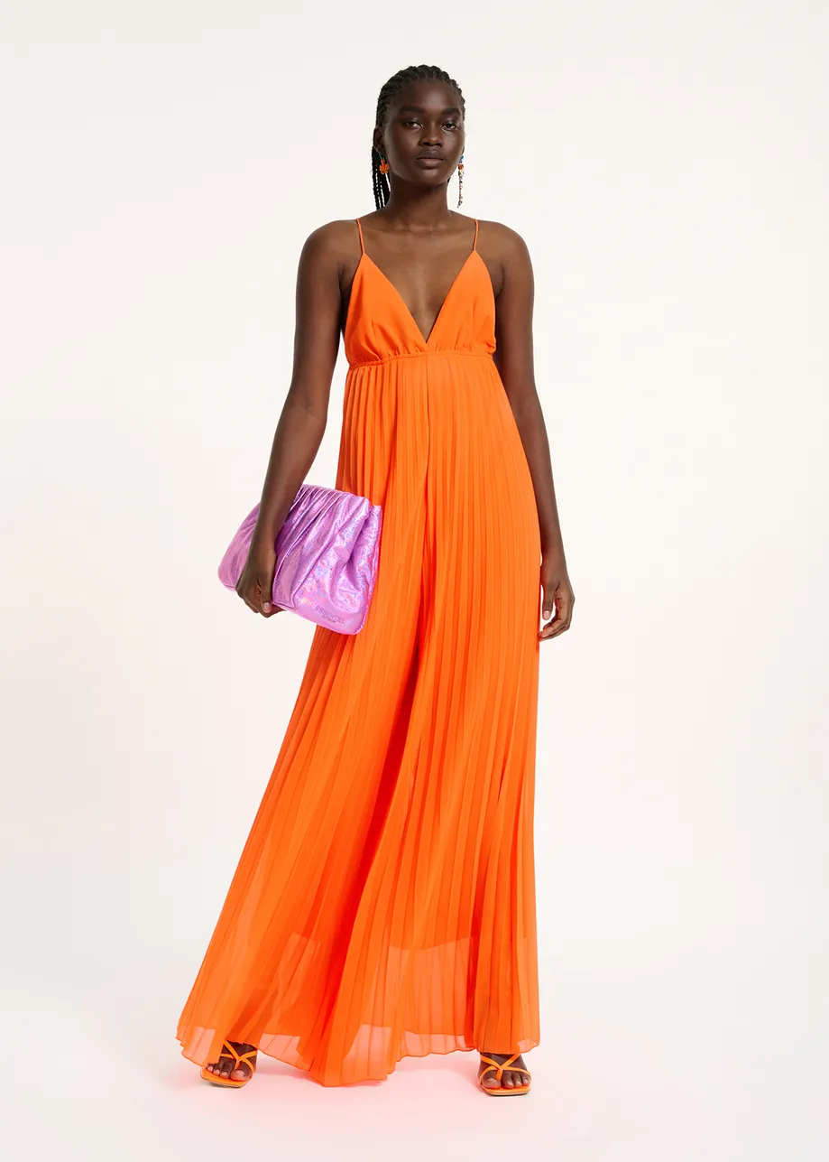 Oranje geplisseerde jumpsuit met grafische print