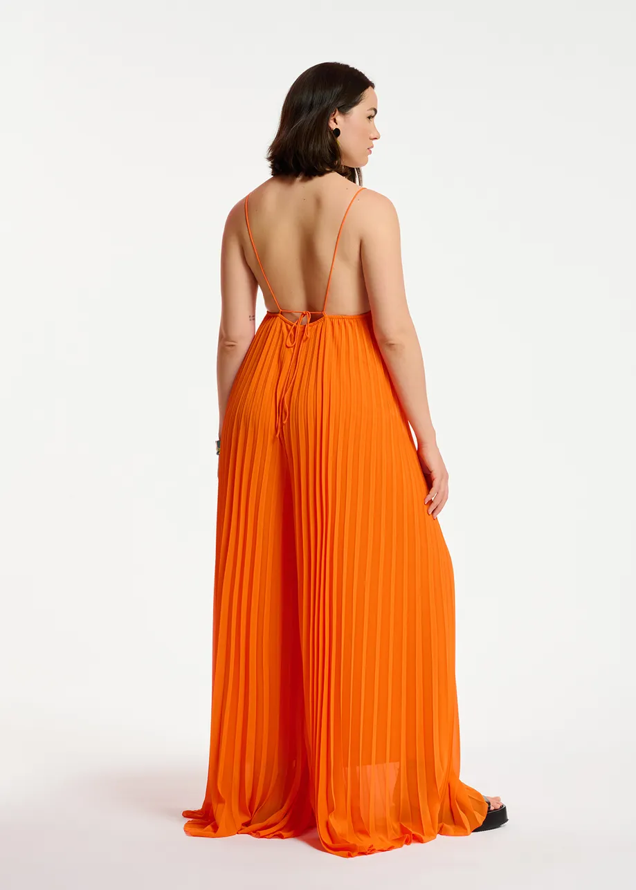 Oranje geplisseerde jumpsuit met grafische print