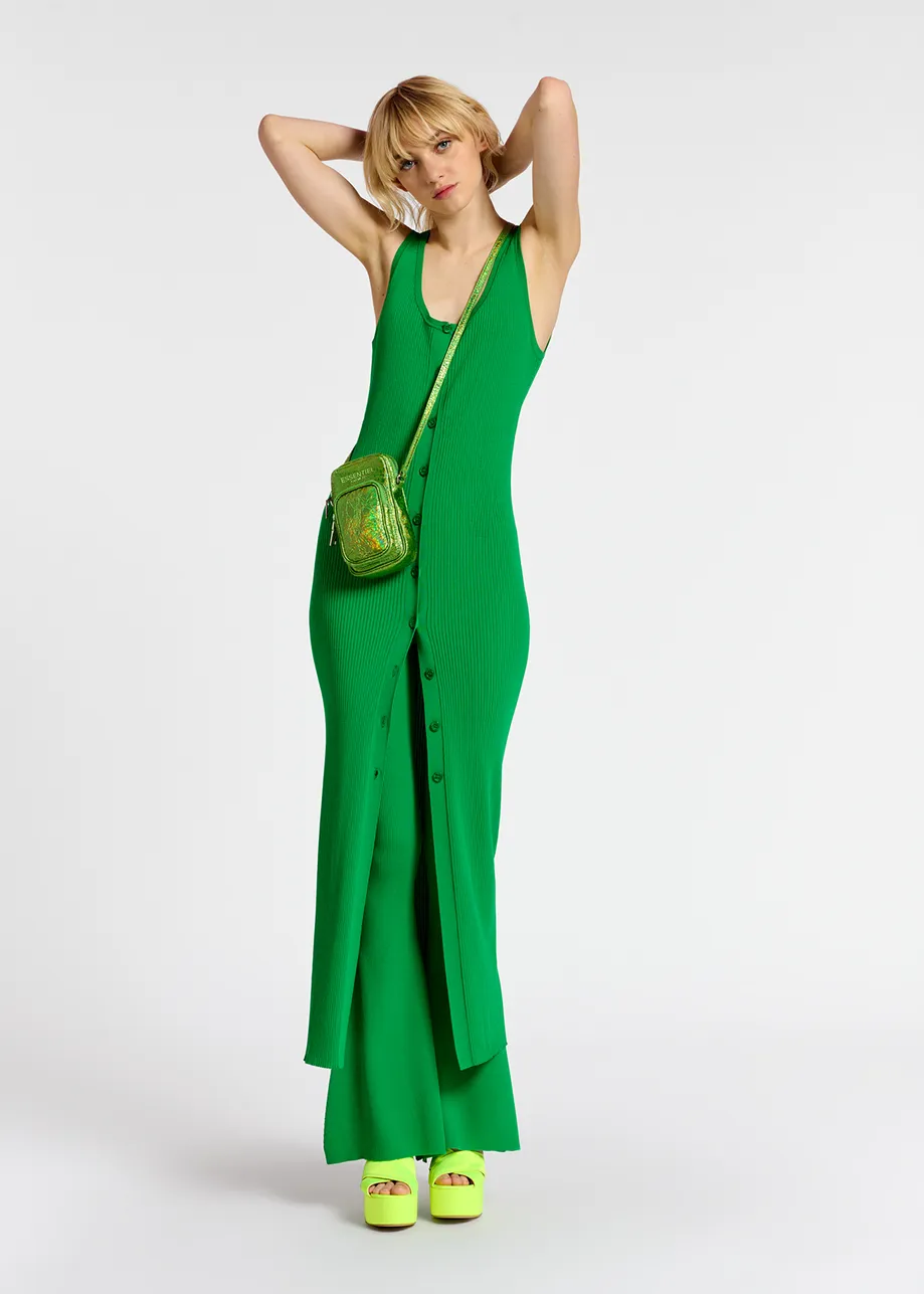 Green long rib-knitted cardigan