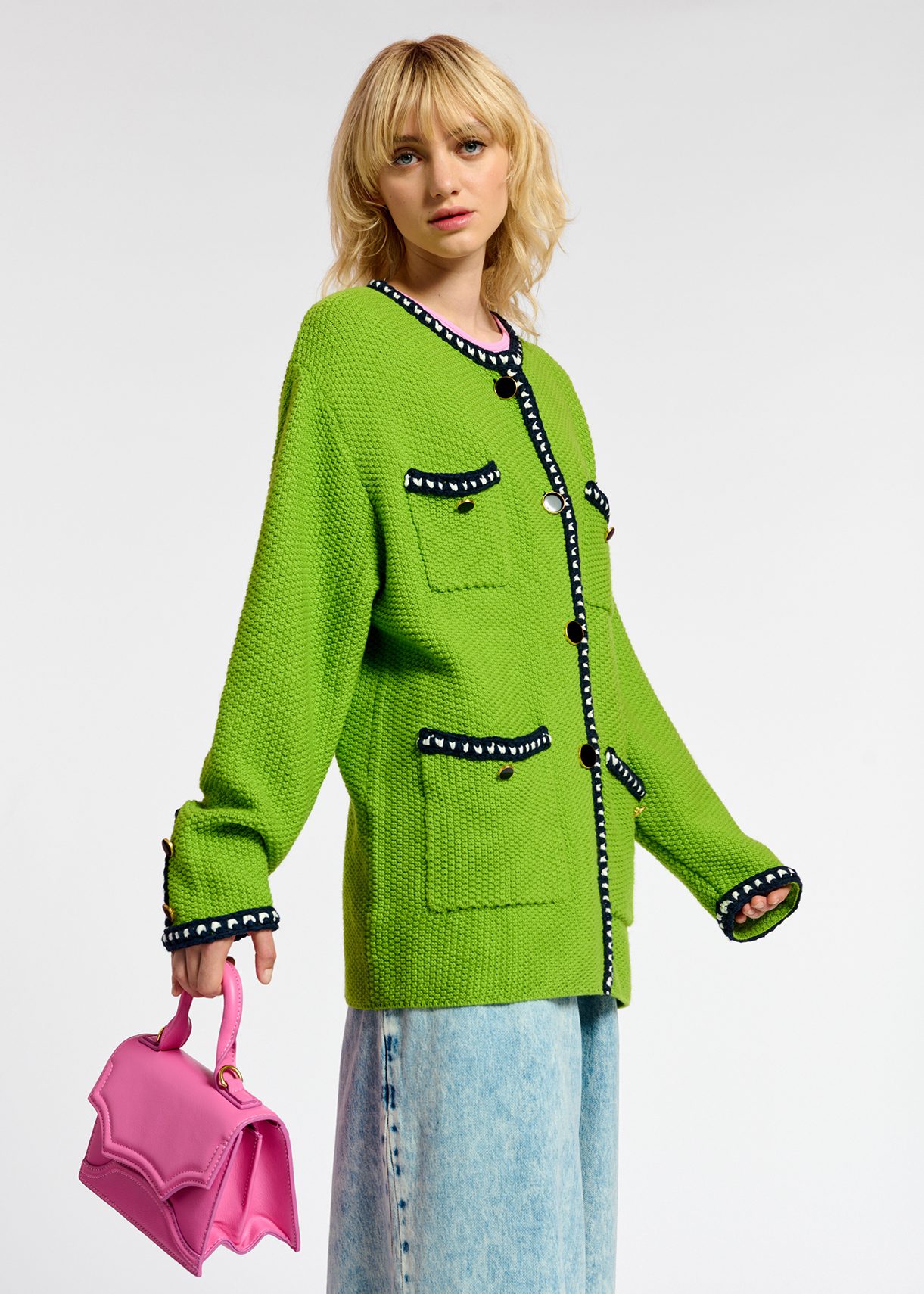 Green wool-cotton knit cardigan | Essentiel Antwerp Europe