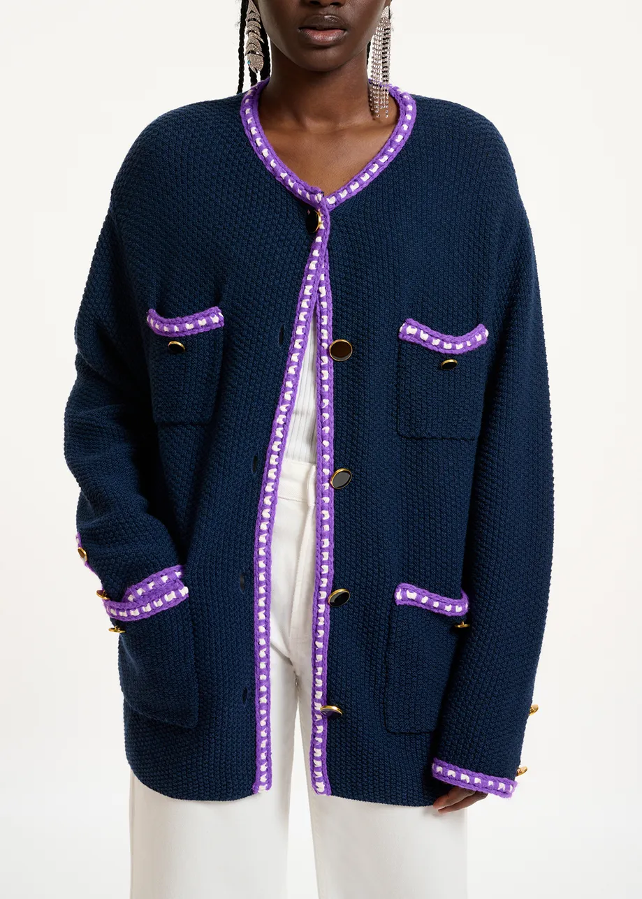 Dark blue wool-cotton knit cardigan