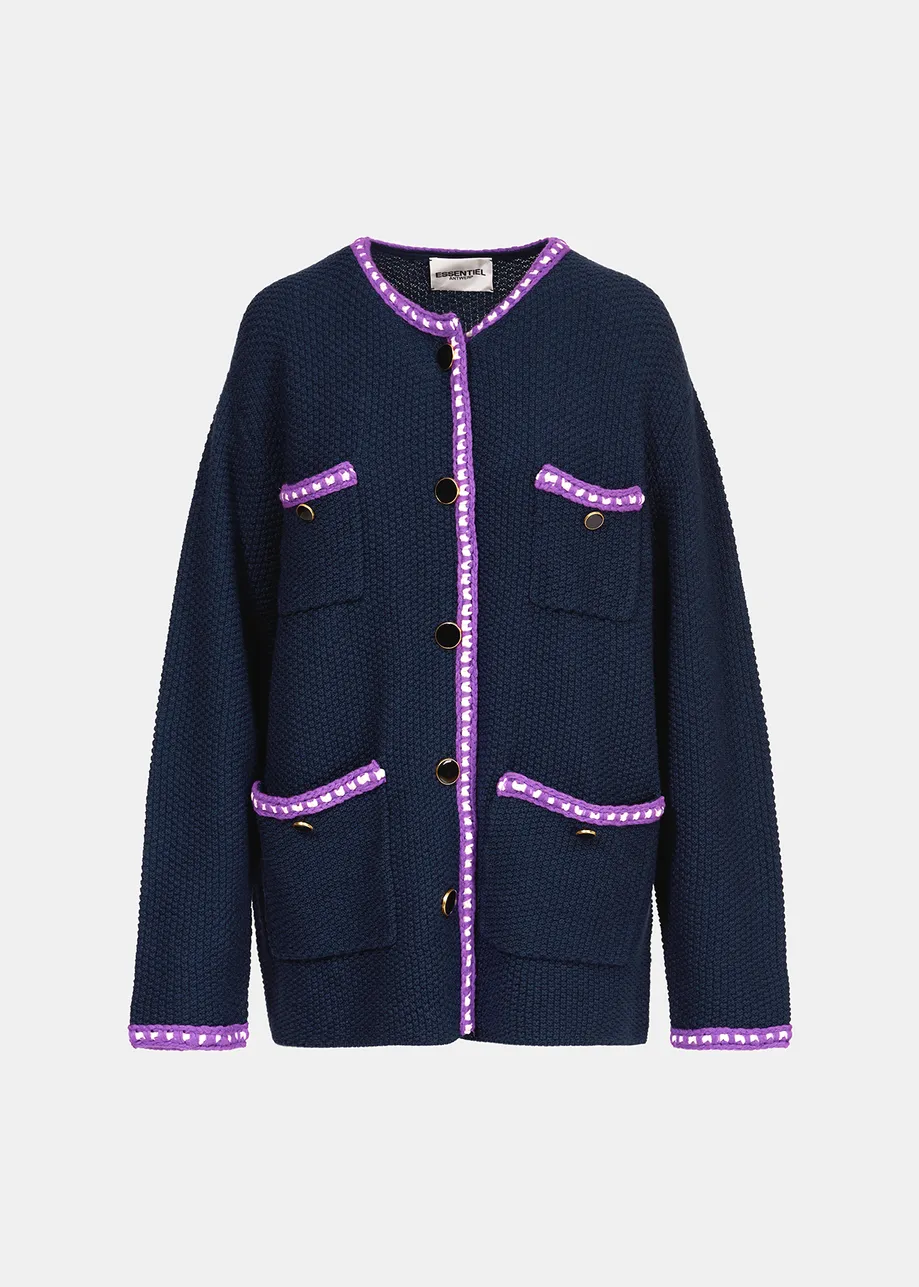 Dark blue wool-cotton knit cardigan