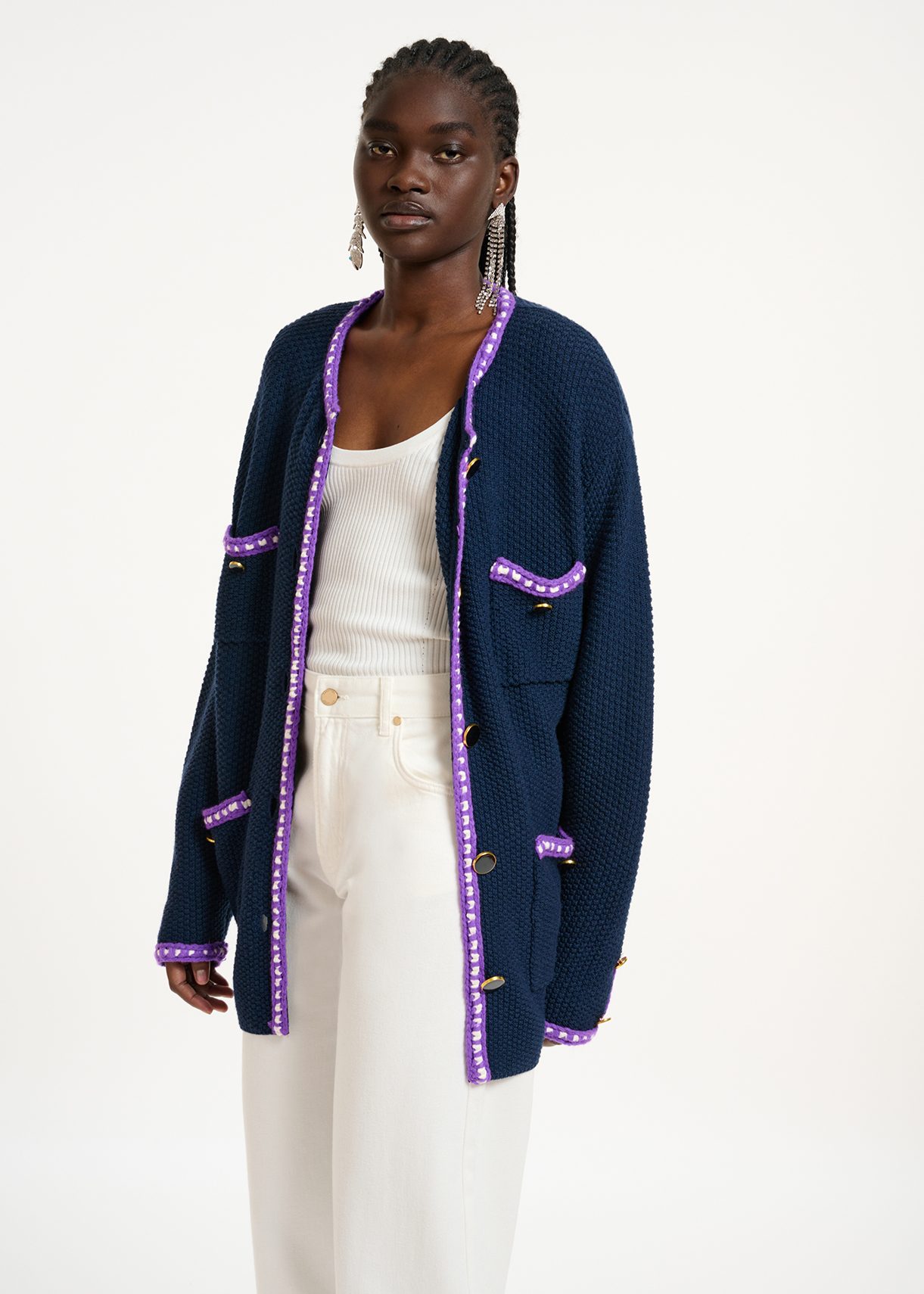 Dark blue wool-cotton knit cardigan | Essentiel Antwerp United Kingdom