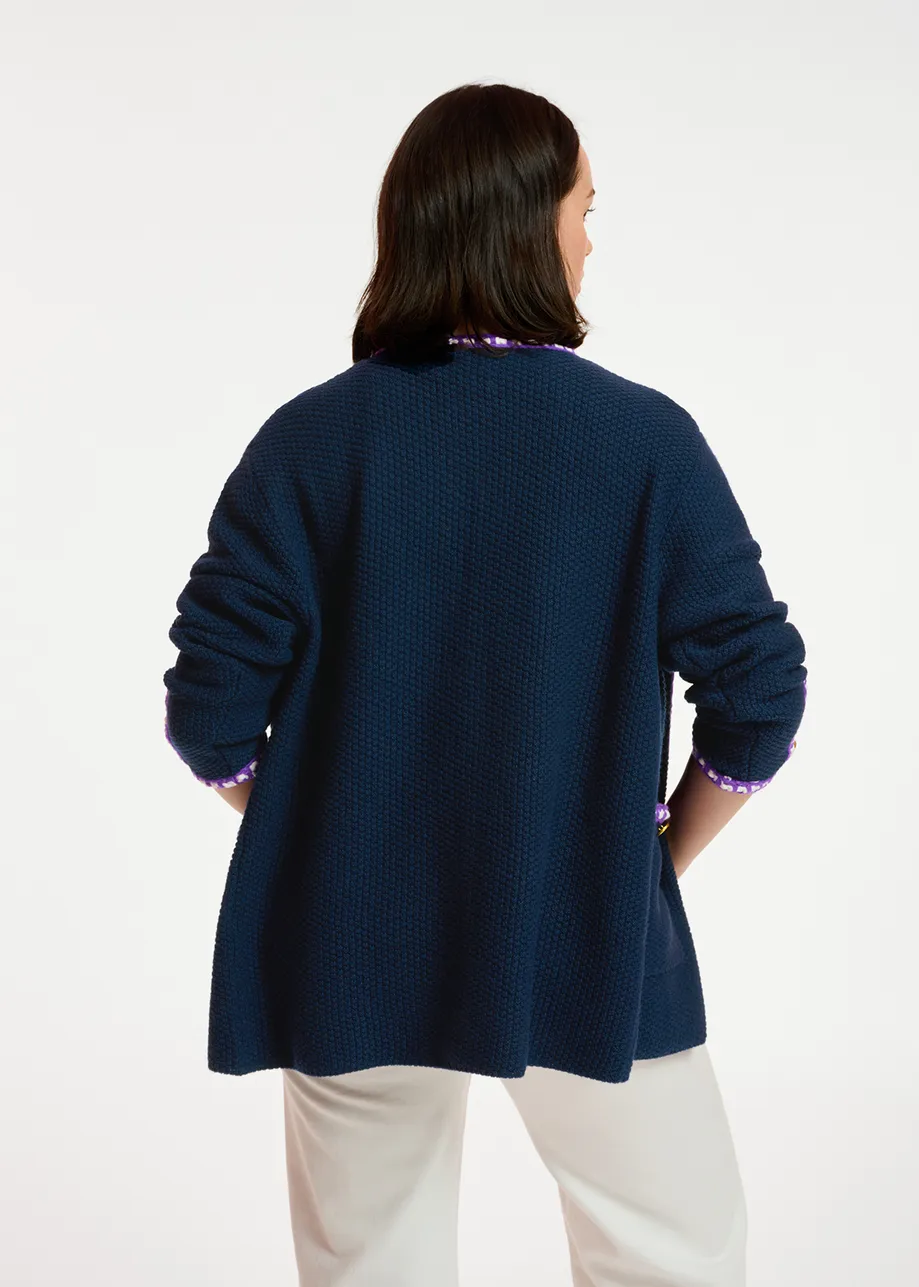 Cardigan bleu foncé en laine et coton