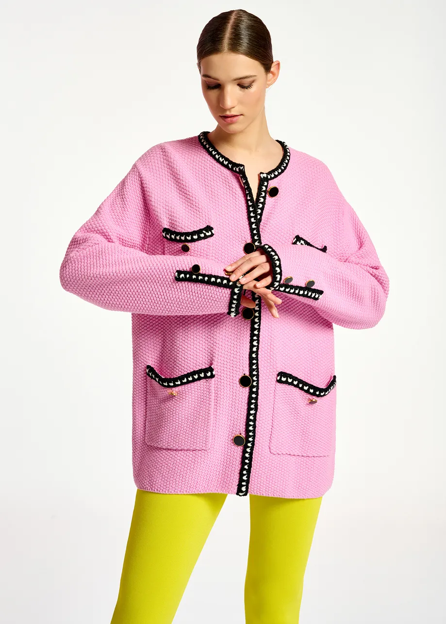 Pink wool-cotton knit cardigan