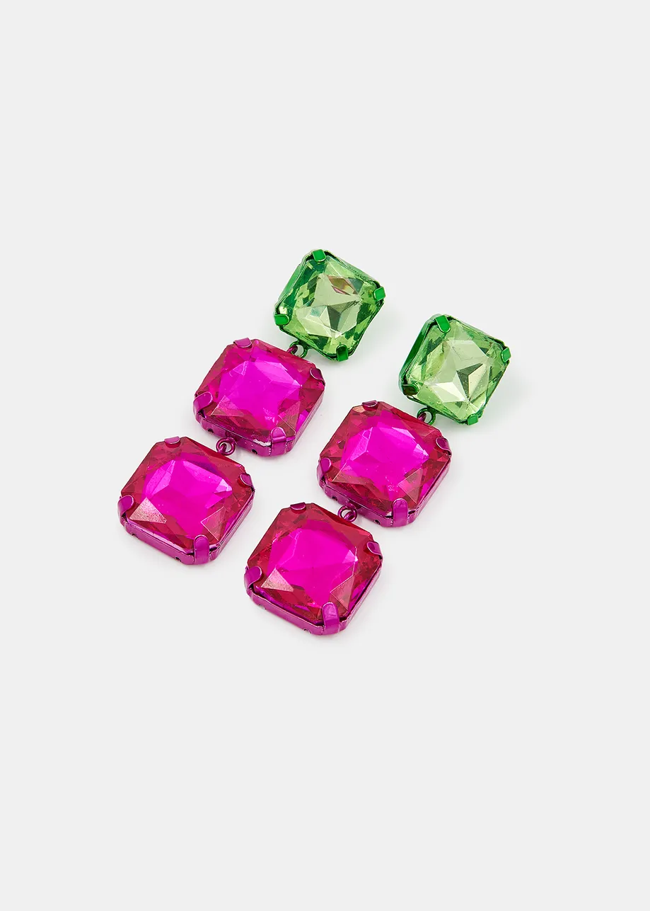 Green and fuchsia rhinestone earrings