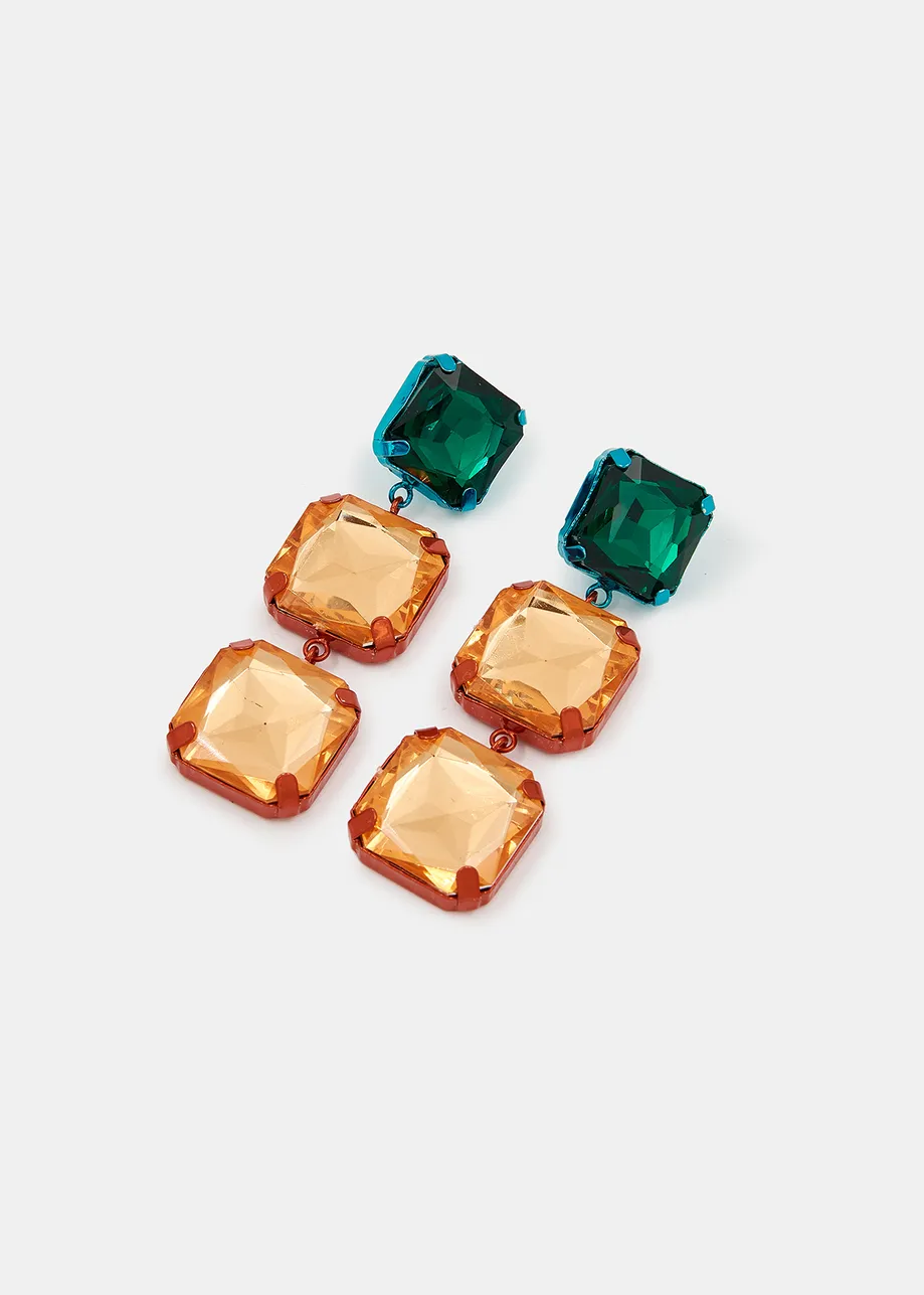 Dark green and orange rhinestone earrings