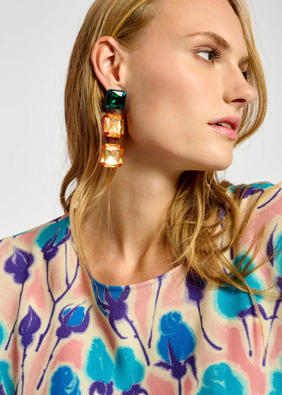 Dark green and orange rhinestone earrings