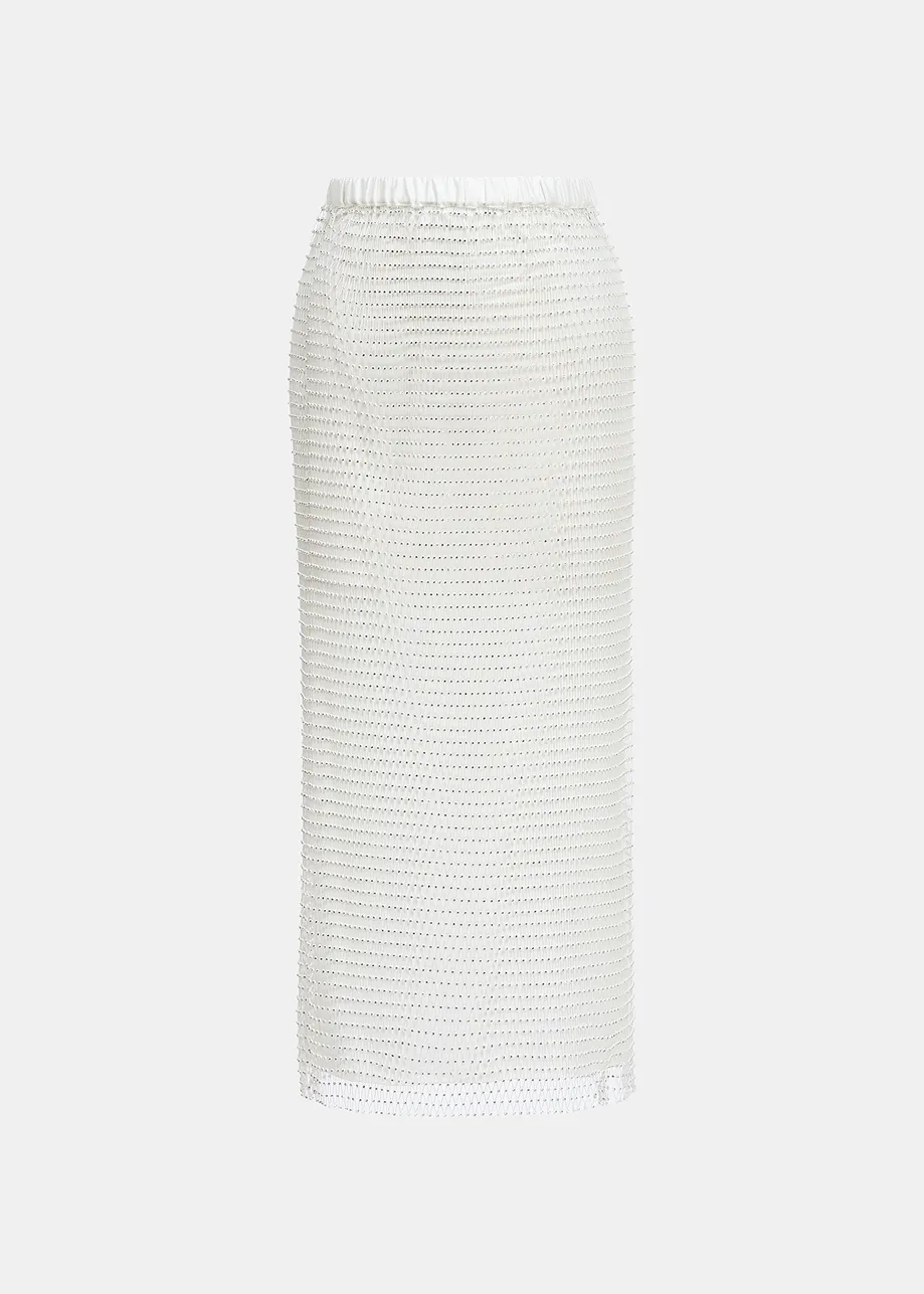 White rhinestone-embellished mesh midi skirt