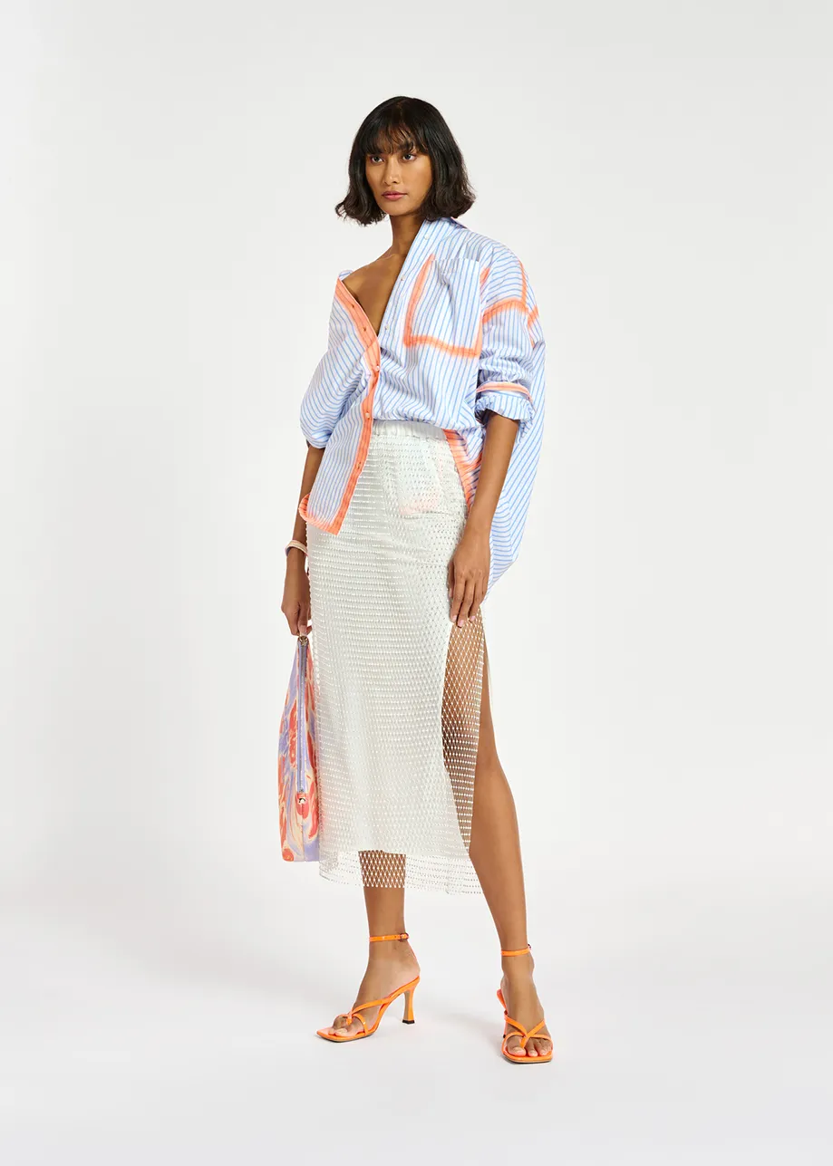 White rhinestone-embellished mesh midi skirt