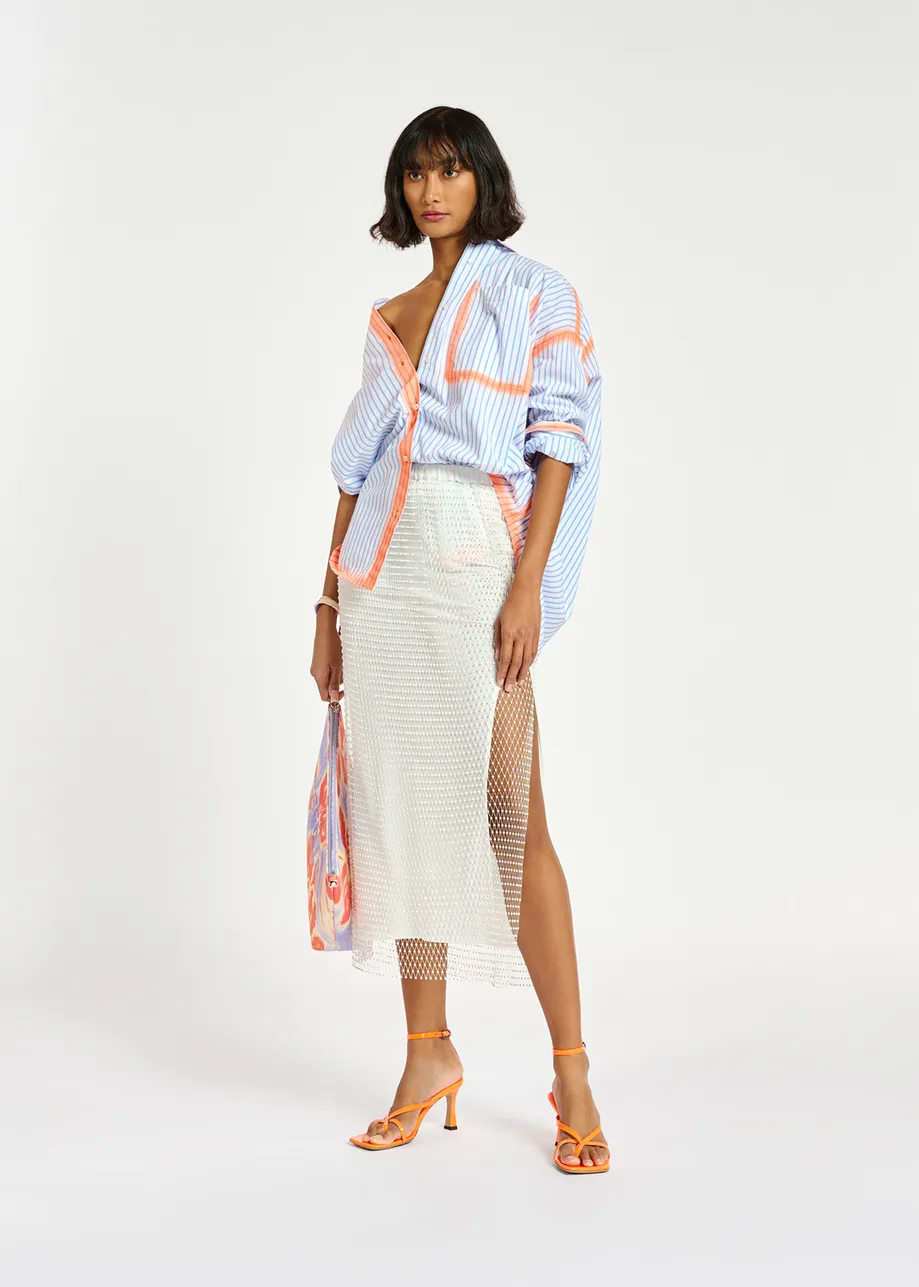 White rhinestone-embellished mesh midi skirt