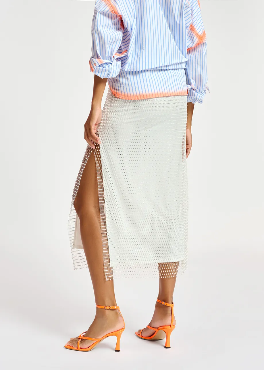 White rhinestone-embellished mesh midi skirt