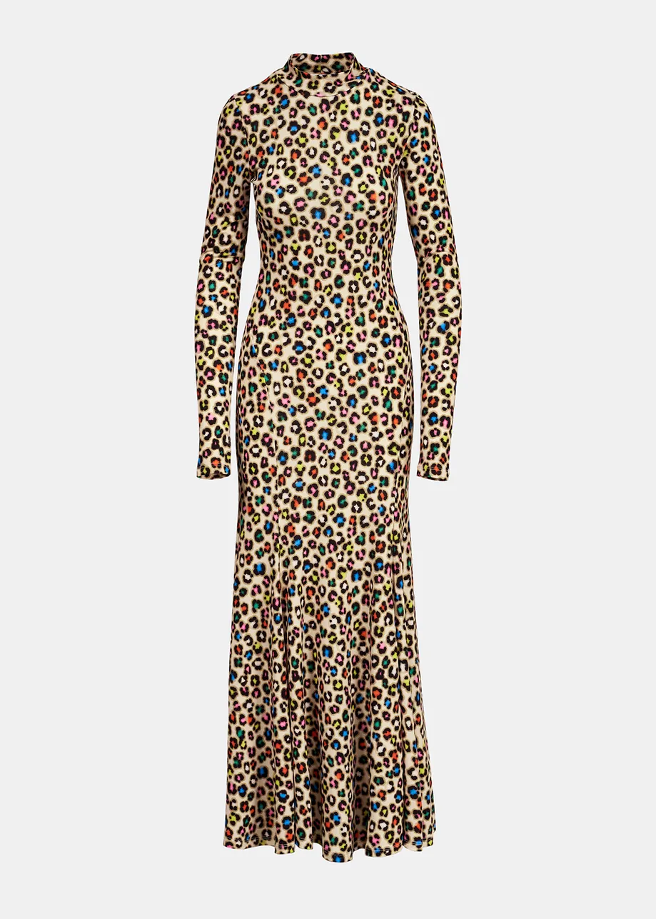 Beige stretch-jersey maxi dress with multicolor leopard print
