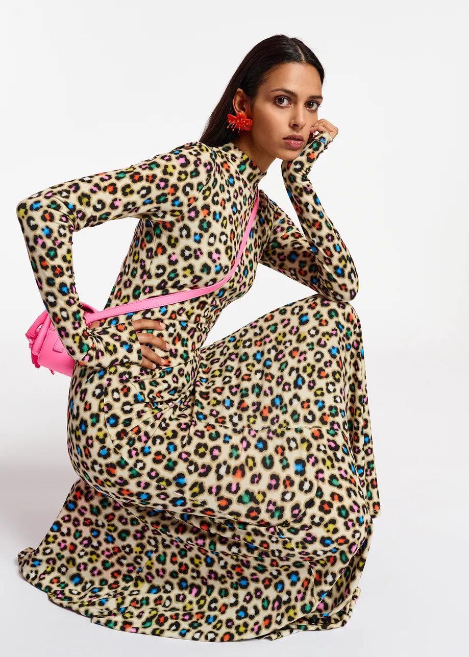 Beige stretch-jersey maxi dress with multicolor leopard print