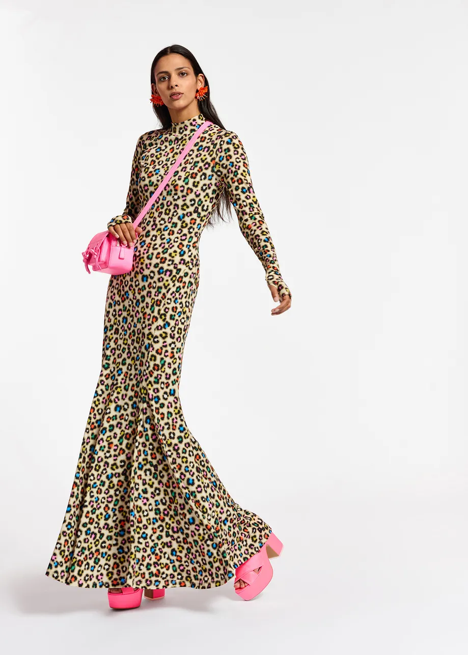 Beige stretch-jersey maxi dress with multicolor leopard print
