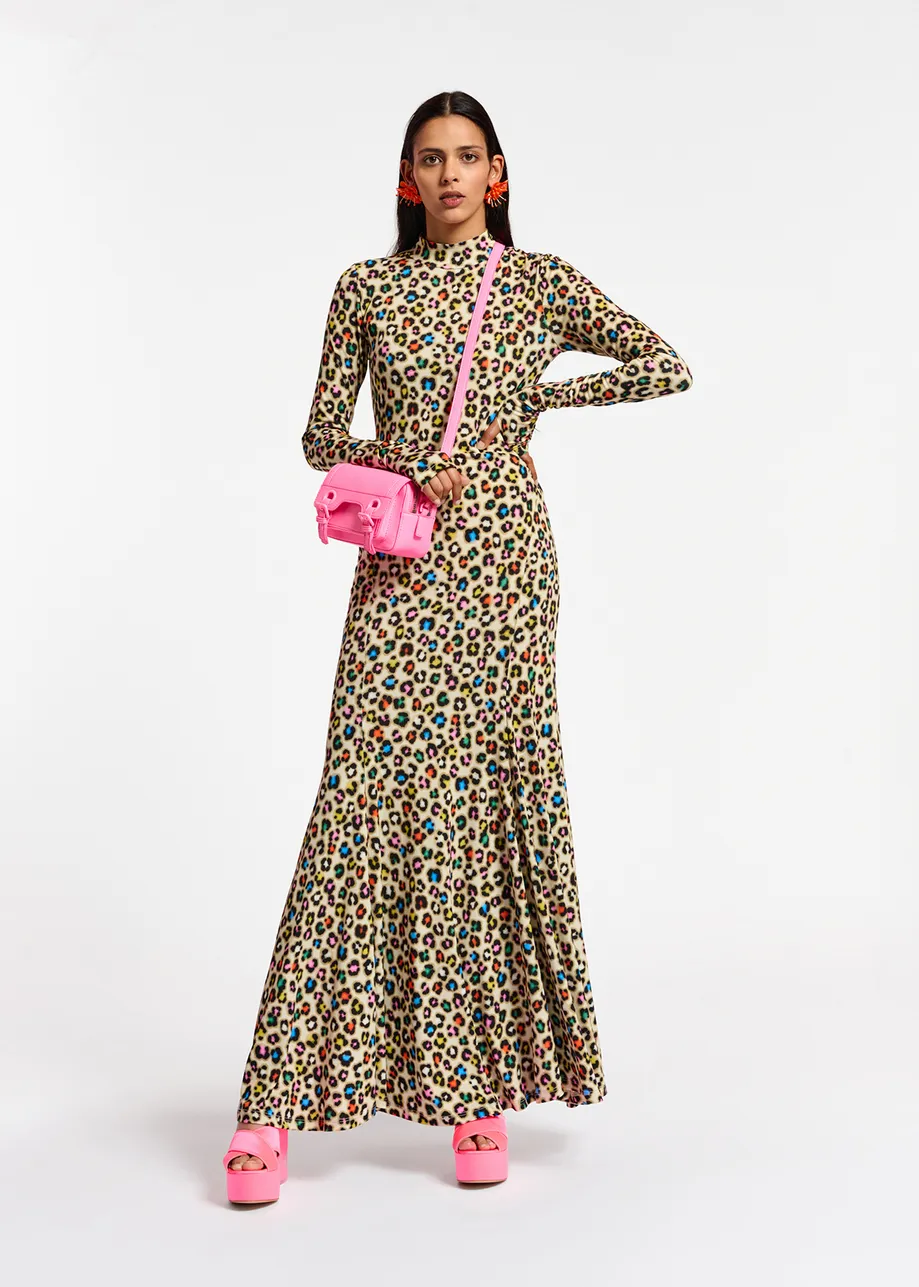 Beige stretch-jersey maxi dress with multicolor leopard print