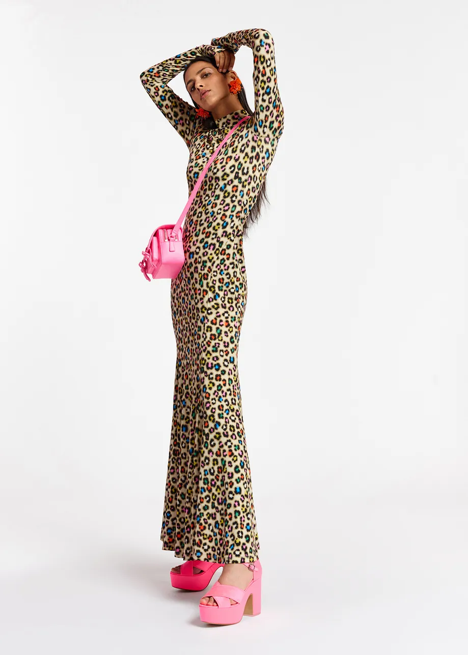 Beige stretch-jersey maxi dress with multicolor leopard print