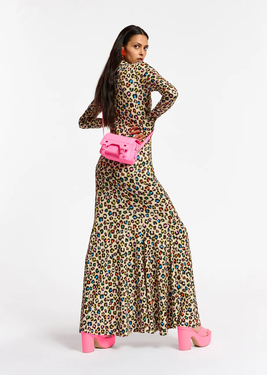 Beige stretch-jersey maxi dress with multicolor leopard print